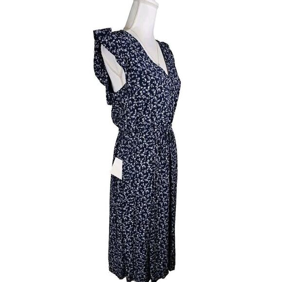 GAP~Woman Size S~Navy Blue Floral Print Flutter Sleeve Midi Dress Lined, Pockets - Picture 9 of 9
